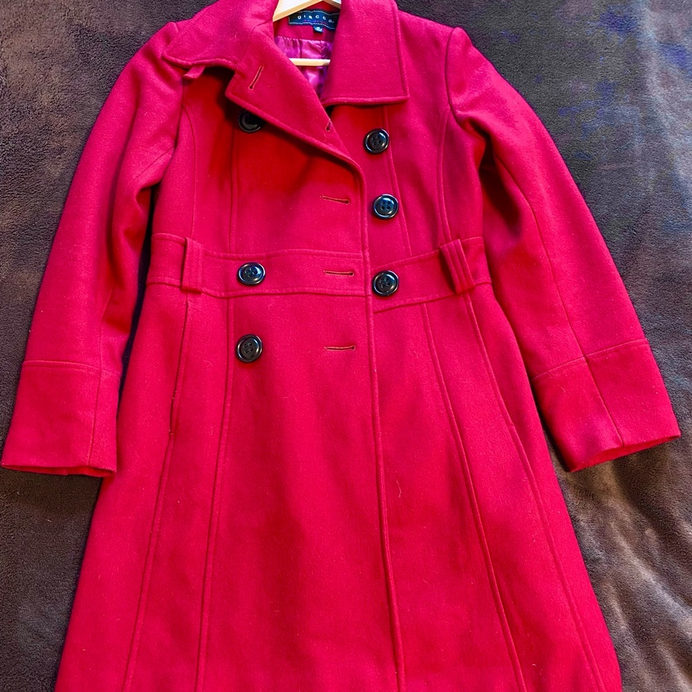 Red wool peacoat.